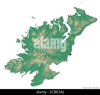 Forma di Donegal, contea d'Irlanda, con la sua capitale isolata su sfondo bianco. Mappa di rilievo topografico. Rendering 3D Foto Stock