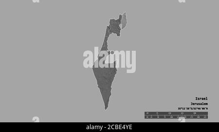 Forma desaturata di Israele con la sua capitale, la principale divisione regionale e la zona separata del Golan. Etichette. Mappa elevazione bilivello. Rendering 3D Foto Stock