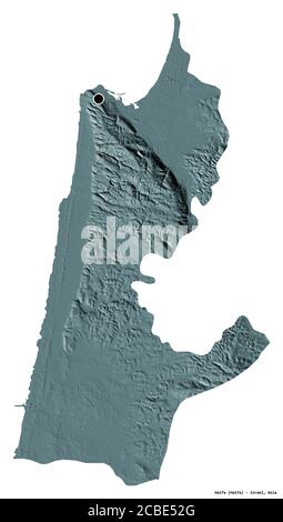 Forma di Haifa, distretto di Israele, con la sua capitale isolata su sfondo bianco. Mappa di elevazione colorata. Rendering 3D Foto Stock