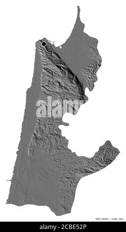 Forma di Haifa, distretto di Israele, con la sua capitale isolata su sfondo bianco. Mappa elevazione bilivello. Rendering 3D Foto Stock