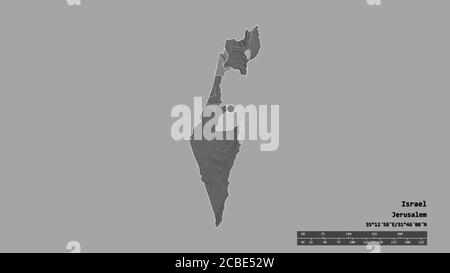 Forma desaturata di Israele con la sua capitale, la principale divisione regionale e l'area separata di Haifa. Etichette. Mappa elevazione bilivello. Rendering 3D Foto Stock