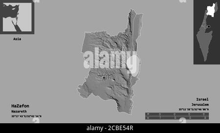 Forma di HaZafon, distretto di Israele, e la sua capitale. Scala della distanza, anteprime ed etichette. Mappa elevazione bilivello. Rendering 3D Foto Stock