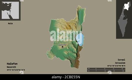 Forma di HaZafon, distretto di Israele, e la sua capitale. Scala della distanza, anteprime ed etichette. Mappa di rilievo topografico. Rendering 3D Foto Stock