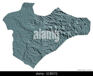 Forma di Gerusalemme, distretto di Israele, con la sua capitale isolata su sfondo bianco. Mappa di elevazione colorata. Rendering 3D Foto Stock