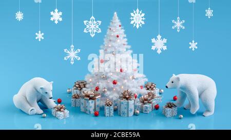 Orsi polari vicino albero di Natale decorato con scatole regalo. Scintillanti scatole regalo con luci natalizie illuminate e fiocchi di neve. Buon Natale e buon Capodanno biglietto d'auguri. Illustrazione 3D. Foto Stock