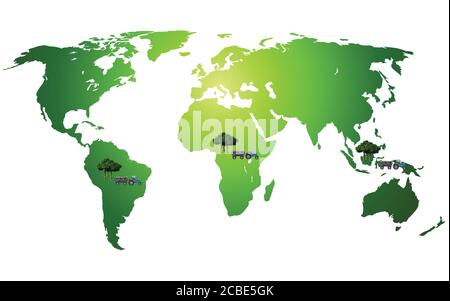 Rappresentazione della mappa mondiale della deforestazione delle foreste pluviali principalmente nelle regioni tropicali, tra cui Sud America, Africa centrale e Indonesia Illustrazione Vettoriale