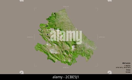 Regione d'Abruzzo, regione d'Italia, isolata su fondo solido in una scatola di delimitazione georeferenziata. Etichette. Immagini satellitari. Rendering 3D Foto Stock