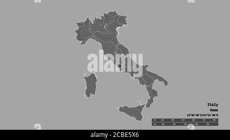 Forma desaturata dell'Italia con la sua capitale, la principale divisione regionale e la regione della Calabria separata. Etichette. Mappa elevazione bilivello. Rendering 3D Foto Stock