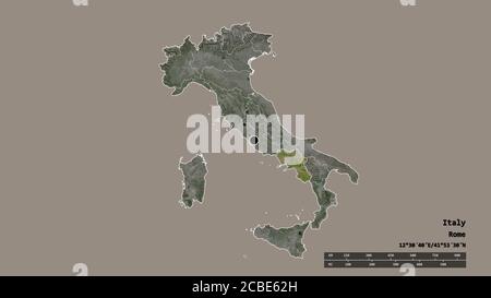 La forma desaturata dell'Italia con la sua capitale, la principale divisione regionale e l'area campana separata. Etichette. Immagini satellitari. Rendering 3D Foto Stock