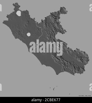 Forma del Lazio, regione d'Italia, con la sua capitale isolata su uno sfondo a tinta unita. Mappa elevazione bilivello. Rendering 3D Foto Stock