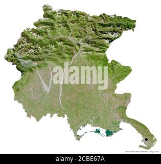 Forma del Friuli-Venezia Giulia, regione autonoma d'Italia, con la sua capitale isolata su sfondo bianco. Immagini satellitari. Rendering 3D Foto Stock