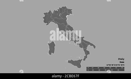 La forma desaturata dell'Italia con la sua capitale, la principale divisione regionale e l'area laziale separata. Etichette. Mappa elevazione bilivello. Rendering 3D Foto Stock