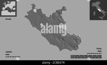 Forma del Lazio, regione d'Italia, e la sua capitale. Scala della distanza, anteprime ed etichette. Mappa elevazione bilivello. Rendering 3D Foto Stock