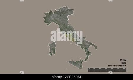 La forma desaturata dell'Italia con la sua capitale, la principale divisione regionale e l'area laziale separata. Etichette. Immagini satellitari. Rendering 3D Foto Stock