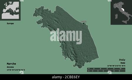 Forma delle Marche, regione d'Italia, e la sua capitale. Scala della distanza, anteprime ed etichette. Mappa di elevazione colorata. Rendering 3D Foto Stock