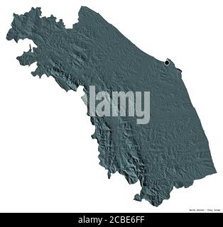 Forma delle Marche, regione d'Italia, con la sua capitale isolata su sfondo bianco. Mappa di elevazione colorata. Rendering 3D Foto Stock