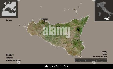 Forma della Sicilia, regione autonoma d'Italia, e la sua capitale. Scala della distanza, anteprime ed etichette. Immagini satellitari. Rendering 3D Foto Stock