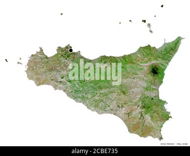Forma della Sicilia, regione autonoma d'Italia, con la sua capitale isolata su sfondo bianco. Immagini satellitari. Rendering 3D Foto Stock