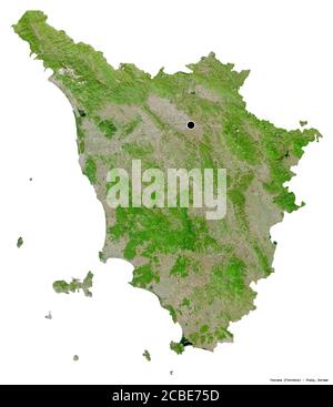 Forma della Toscana, regione d'Italia, con la sua capitale isolata su sfondo bianco. Immagini satellitari. Rendering 3D Foto Stock