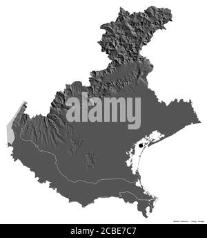 Forma del Veneto, regione d'Italia, con la sua capitale isolata su sfondo bianco. Mappa elevazione bilivello. Rendering 3D Foto Stock