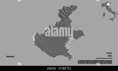 Forma del Veneto, regione d'Italia, con la sua capitale isolata su solido sfondo. Scala della distanza, anteprima della regione ed etichette. Mappa elevazione bilivello. 3D Foto Stock