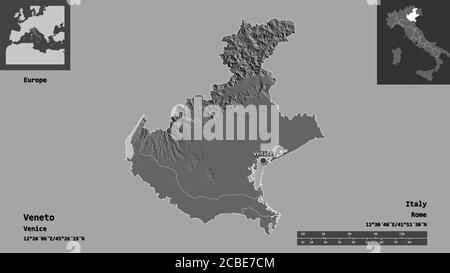 Forma del Veneto, regione d'Italia, e la sua capitale. Scala della distanza, anteprime ed etichette. Mappa elevazione bilivello. Rendering 3D Foto Stock