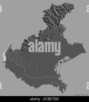 Forma del Veneto, regione d'Italia, con la sua capitale isolata su uno sfondo a tinta unita. Mappa elevazione bilivello. Rendering 3D Foto Stock