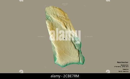 Area di Manchester, parrocchia della Giamaica, isolata su uno sfondo solido in un riquadro di selezione georeferenziato. Etichette. Mappa di rilievo topografico. Rendering 3D Foto Stock