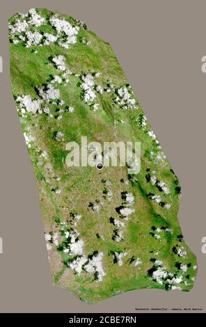 Forma di Manchester, parrocchia della Giamaica, con la sua capitale isolata su uno sfondo di colore pieno. Immagini satellitari. Rendering 3D Foto Stock