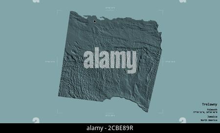 Area di Trelawny, parrocchia della Giamaica, isolata su uno sfondo solido in una scatola di delimitazione georeferenziata. Etichette. Mappa di elevazione colorata. Rendering 3D Foto Stock