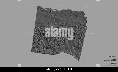 Area di Trelawny, parrocchia della Giamaica, isolata su uno sfondo solido in una scatola di delimitazione georeferenziata. Etichette. Mappa elevazione bilivello. Rendering 3D Foto Stock