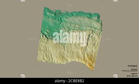 Area di Trelawny, parrocchia della Giamaica, isolata su uno sfondo solido in una scatola di delimitazione georeferenziata. Etichette. Mappa di rilievo topografico. Rendering 3D Foto Stock