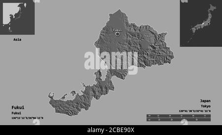 Forma di Fukui, prefettura del Giappone, e la sua capitale. Scala della distanza, anteprime ed etichette. Mappa elevazione bilivello. Rendering 3D Foto Stock