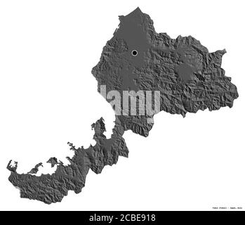 Forma di Fukui, prefettura del Giappone, con la sua capitale isolata su sfondo bianco. Mappa elevazione bilivello. Rendering 3D Foto Stock