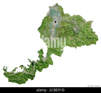 Forma di Fukui, prefettura del Giappone, con la sua capitale isolata su sfondo bianco. Immagini satellitari. Rendering 3D Foto Stock