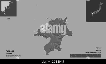 Forma di Fukuoka, prefettura del Giappone, e la sua capitale. Scala della distanza, anteprime ed etichette. Mappa elevazione bilivello. Rendering 3D Foto Stock