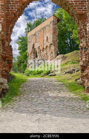 Rovine del castello medievale di Viljandi, Estonia in estate soleggiato giorno. Fuoco morbido. Foto Stock