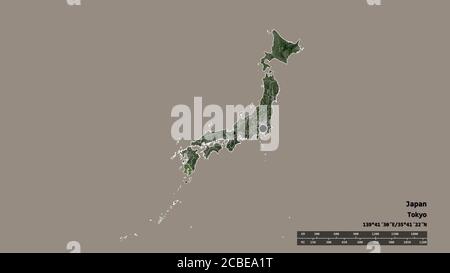 Forma desaturata del Giappone con la sua capitale, la principale divisione regionale e l'area separata di Kagoshima. Etichette. Immagini satellitari. Rendering 3D Foto Stock