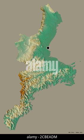 Shape of Mie, prefettura del Giappone, con la sua capitale isolata su uno sfondo di colore pieno. Mappa di rilievo topografico. Rendering 3D Foto Stock