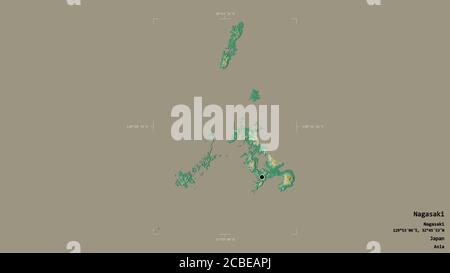 Area di Nagasaki, prefettura del Giappone, isolata su uno sfondo solido in una scatola di delimitazione georeferenziata. Etichette. Mappa di rilievo topografico. Rendering 3D Foto Stock