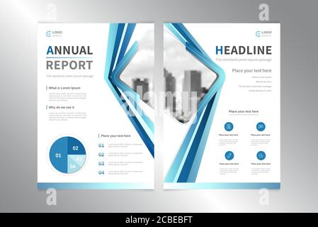 Il report annuale aziendale copre il modello vettoriale di progettazione in bianco blu Tema A4 proporzione con spazio per l'aggiunta della foto Illustrazione Vettoriale