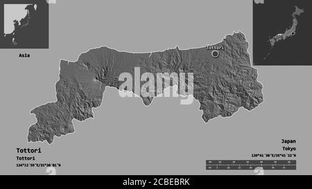 Forma di Tottori, prefettura del Giappone, e la sua capitale. Scala della distanza, anteprime ed etichette. Mappa elevazione bilivello. Rendering 3D Foto Stock