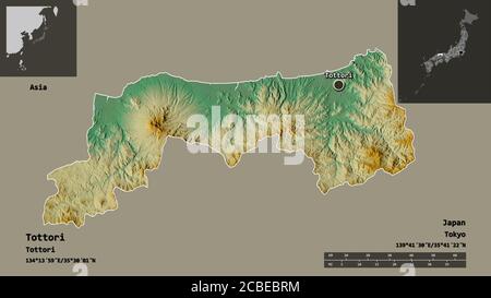 Forma di Tottori, prefettura del Giappone, e la sua capitale. Scala della distanza, anteprime ed etichette. Mappa di rilievo topografico. Rendering 3D Foto Stock