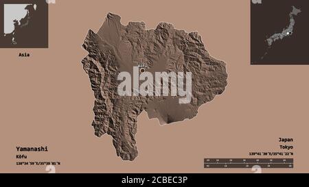 Forma di Yamanashi, prefettura del Giappone, e la sua capitale. Scala della distanza, anteprime ed etichette. Mappa di elevazione colorata. Rendering 3D Foto Stock