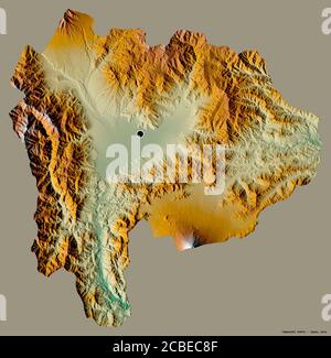 Forma di Yamanashi, prefettura del Giappone, con la sua capitale isolata su uno sfondo di colore solido. Mappa di rilievo topografico. Rendering 3D Foto Stock