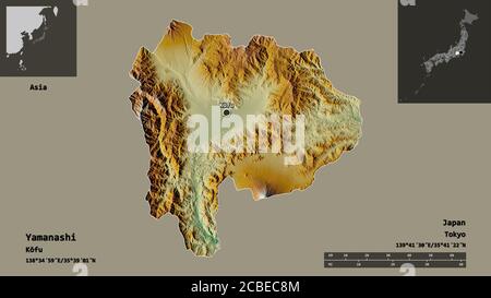 Forma di Yamanashi, prefettura del Giappone, e la sua capitale. Scala della distanza, anteprime ed etichette. Mappa di rilievo topografico. Rendering 3D Foto Stock