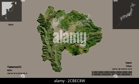 Forma di Yamanashi, prefettura del Giappone, e la sua capitale. Scala della distanza, anteprime ed etichette. Immagini satellitari. Rendering 3D Foto Stock
