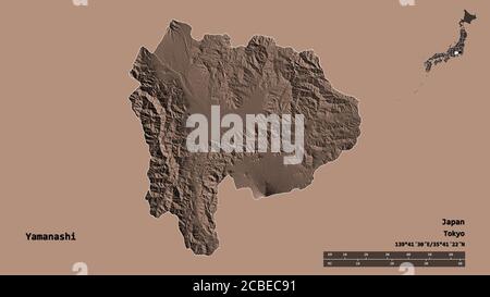 Forma di Yamanashi, prefettura del Giappone, con la sua capitale isolata su solido sfondo. Scala della distanza, anteprima della regione ed etichette. Elevazione colorata m Foto Stock