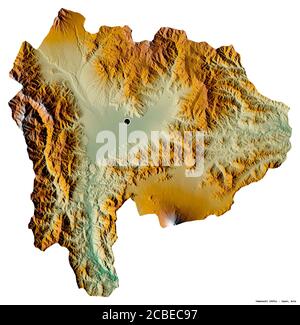 Forma di Yamanashi, prefettura del Giappone, con la sua capitale isolata su sfondo bianco. Mappa di rilievo topografico. Rendering 3D Foto Stock