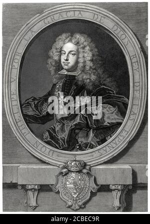 Filippo V (1683-1746), Re di Spagna, incisione ritratto di Pierre Drevet dopo Hyacinthe Rigaud, 1702 Foto Stock